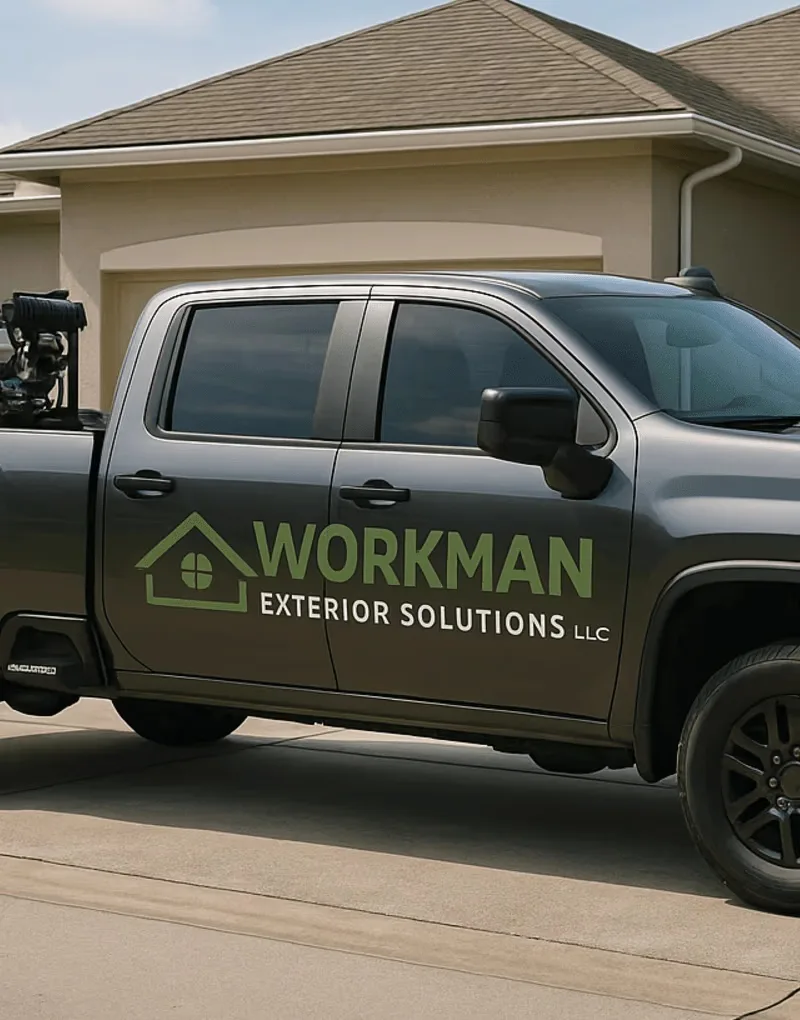 Branded Workman Exterior Solutions truck parked in a Wesley Chapel driveway