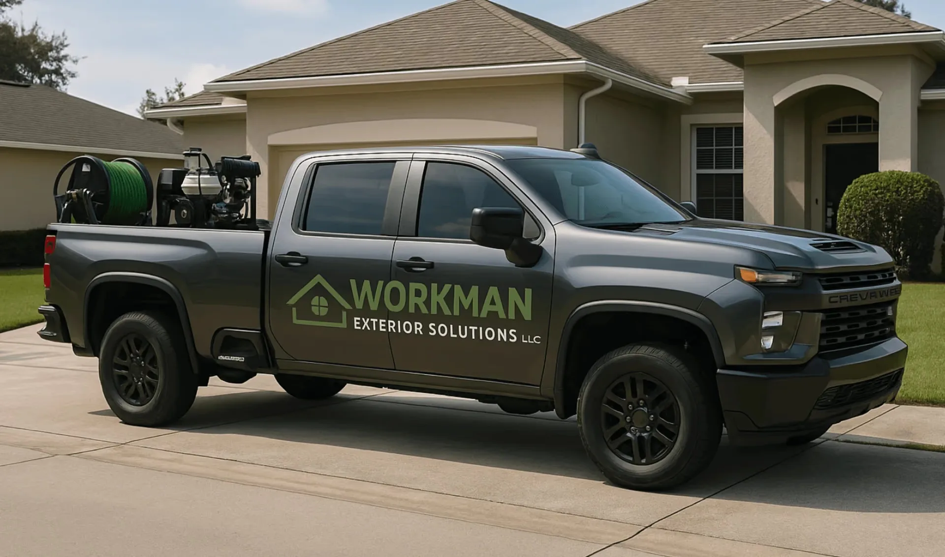 Workman Exterior Solutions service truck parked on a freshly cleaned driveway in Wesley Chapel, FL