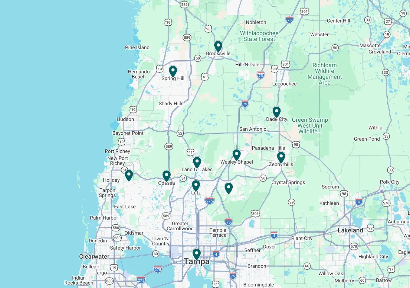Map of the north Tampa suburbs served by Workman Exterior Solutions