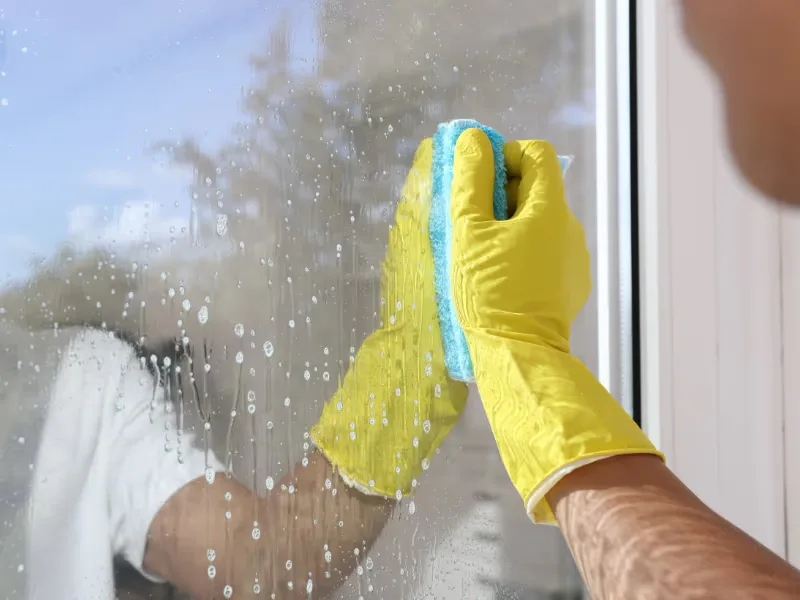 Gloved hand wiping a wet window pane clean
